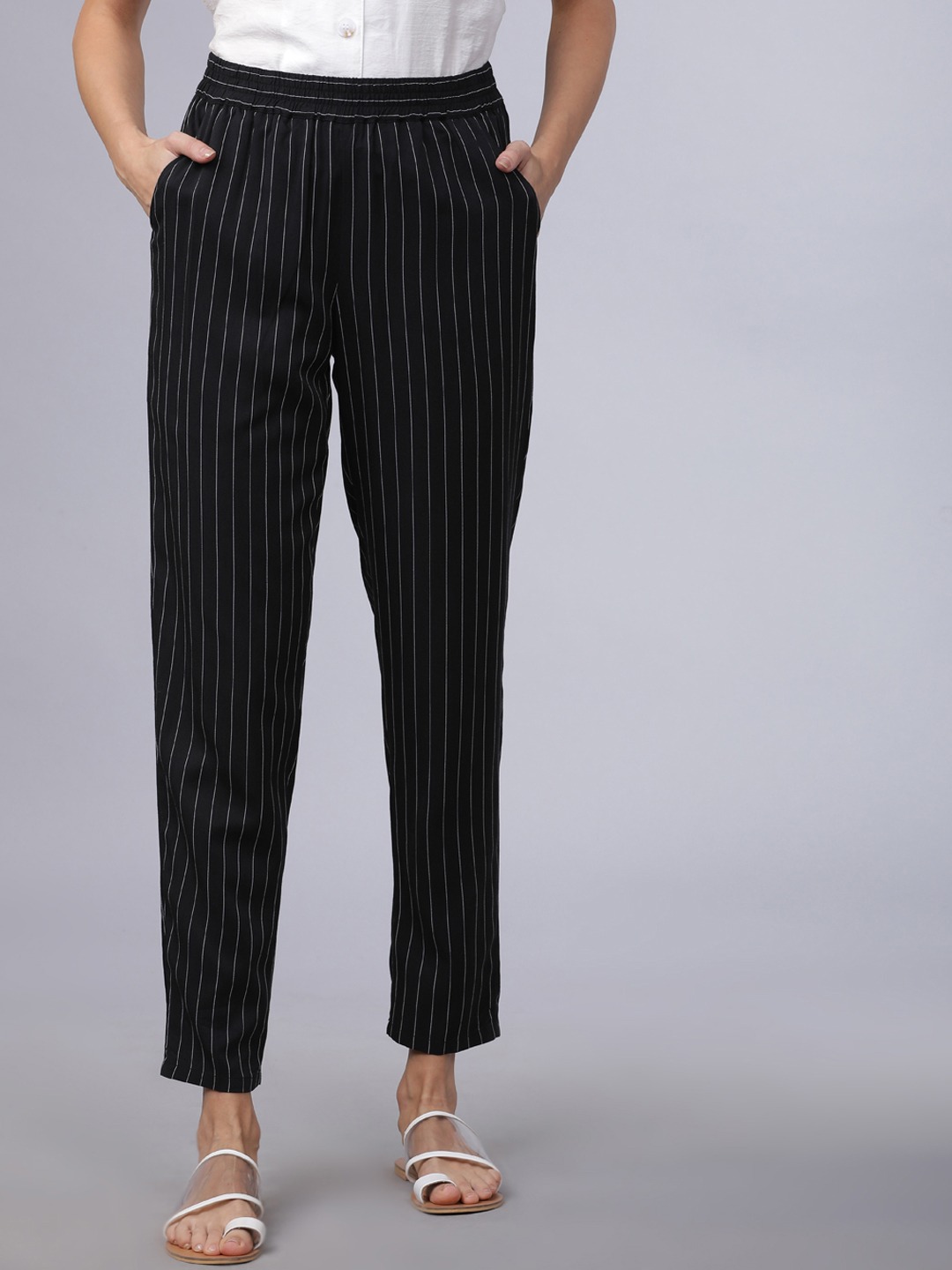 Black and White Cotton Stripe Women Pant-40488